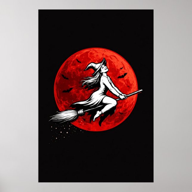 Dark Witch Flying Over Red Moon Poster (Framsidan)
