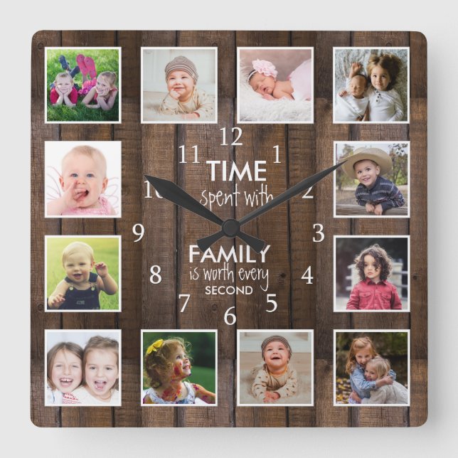 Dark Wood 12 Photo Template Time Family Quote Fyrkantig Klocka (Framsida)