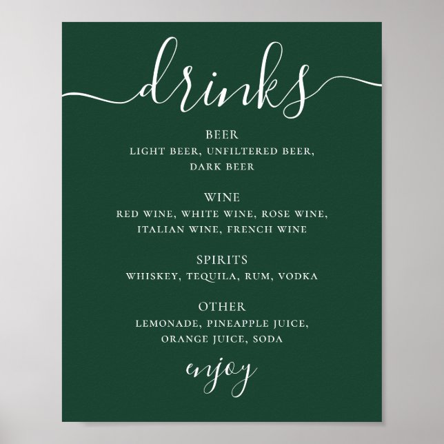 Dark Woodland Green Wedding Drinks Menu | Bar Sign Poster (Framsidan)