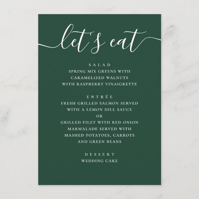 Dark Woodland Green Wedding | Modern Script Dinner Meny (Framsida)