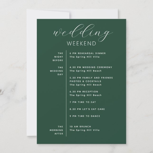 Dark Woodland Green Wedding Weekend Schedule Inbjudningar (Baksida)