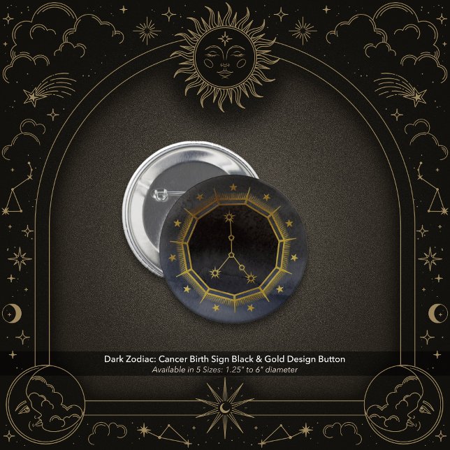 Dark Zodiac Astrology: Cancer Black & Gold Round Knapp (Dark Zodiac: Cancer Birth Sign Pin with Black & Gold Design.)