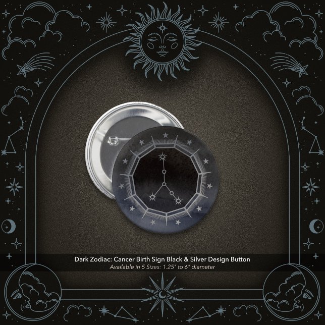 Dark Zodiac Astrology: Cancer Black & Silver Round Knapp (Dark Zodiac: Cancer Birth Sign Pin with Black & Silver Design.)