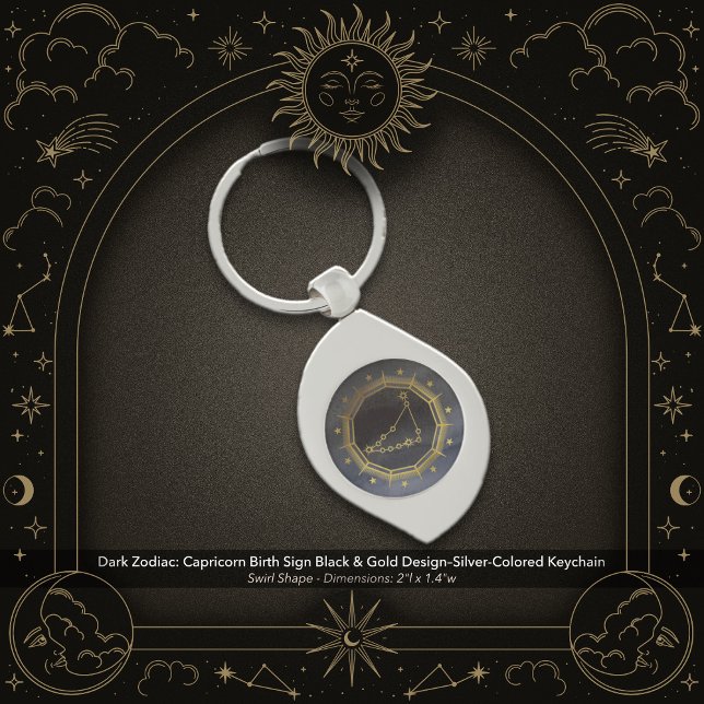 Dark Zodiac: Capricorn Birth Sign Black & Gold Swirl Silverfärgad Nyckelring (Dark Zodiac: Capricorn Birth Sign Black & Gold Design on a Silver-Colored Keychain)