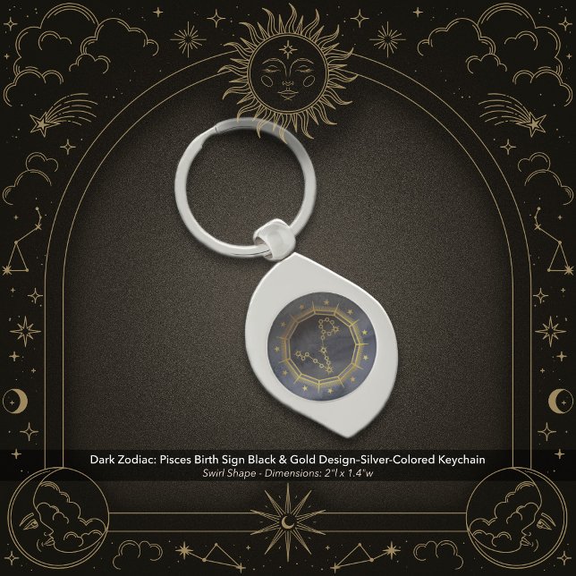 Dark Zodiac: Pisces Birth Sign Black & Gold Swirl Silverfärgad Nyckelring (Dark Zodiac: Pisces Birth Sign Silver-Colored Key Chain with Black & Gold Design.)