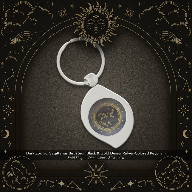 Dark Zodiac: Sagittarius Birth Sign Black & Gold Swirl Silverfärgad Nyckelring (Dark Zodiac: Sagittarius Birth Sign Black & Gold Design in a Silver Colored Metal Keychain)