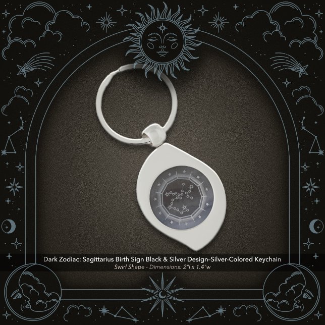 Dark Zodiac: Sagittarius Birth Sign Black & Silver Swirl Silverfärgad Nyckelring (Dark Zodiac: Sagittarius Birth Sign Black & Silver Design in a Silver Colored Metal Keychain)