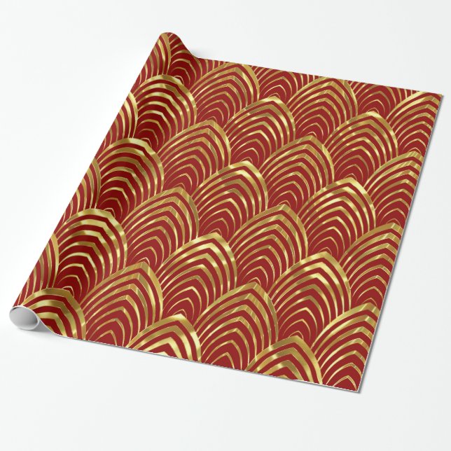 DarkRed & Guld Art-Deco Geometric Mönster Presentpapper (Utrullad)