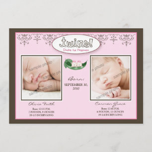 Darling 5x7 Twin GIRLS Birth Notice (rosa) Meddelande