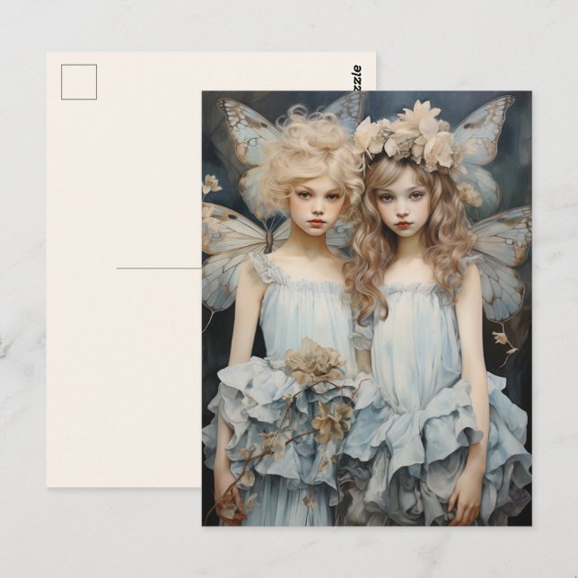 Darling Älvors Blue Satin Söt Vingar Vykort (Fram/baksida)