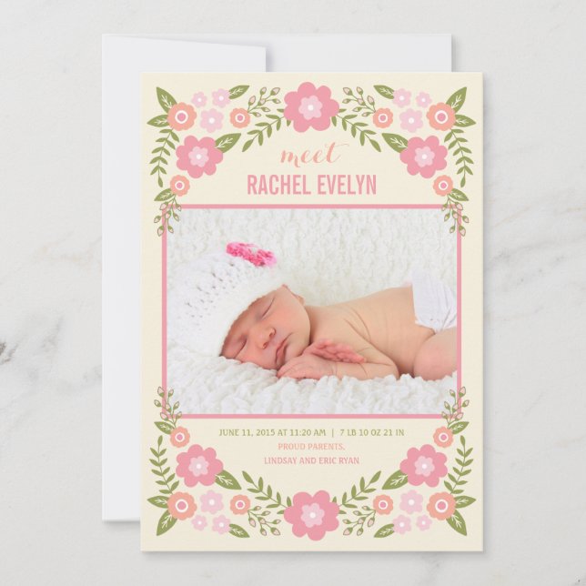 Darling Blooms Birth Notice - Cream Meddelande (Framsida)