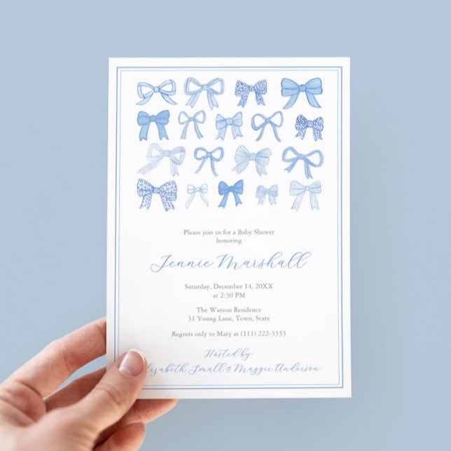 Darling Blue Bows Pojke Shower Party Inbjudningar (Blue And White Whimsical Watercolor Bows baby shower invite for boy with regency stripe backer)