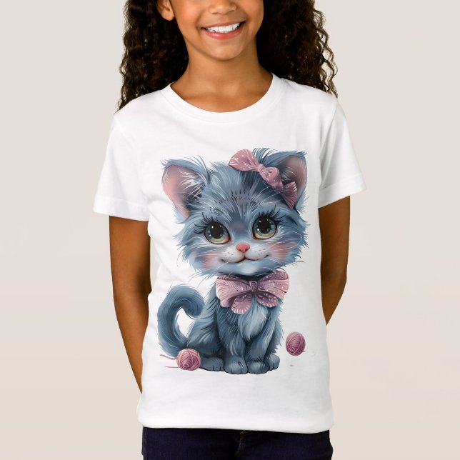 Darling Blue Kitten med Rosa Bows T Shirt (Framsida)