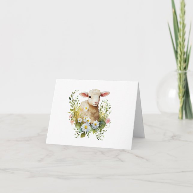 Darling Watercolor Baby Lamb med Flowers BLANK Kort (Framsida)