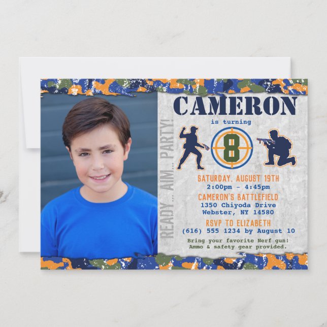 Dart Foto Militär Födelsedagsfest Kamouflage Solda Inbjudningar (Framsida)