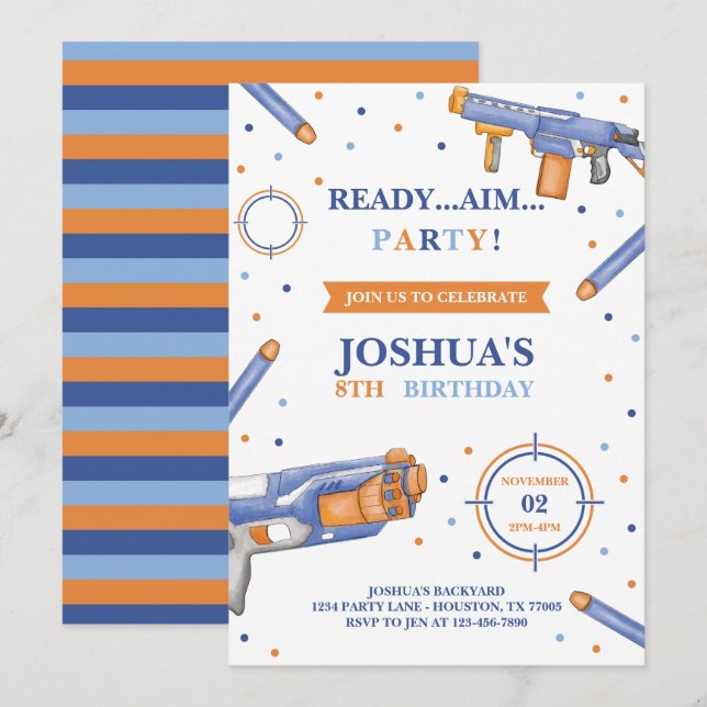 Dart Gun Birthday Inbjudningar (Fram/baksida)