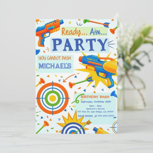 Dart Gun Birthday Invitation Inbjudningar (Stående Fram)