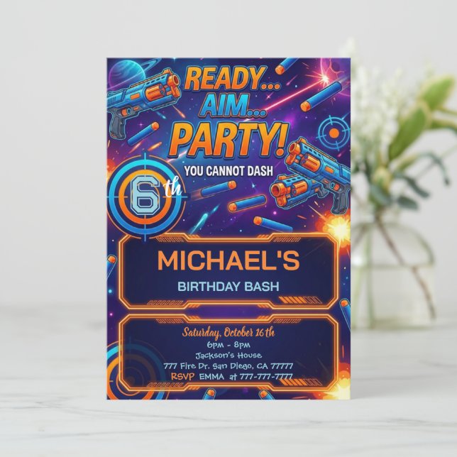 Dart Gun Birthday Invitation Inbjudningar (Stående Fram)