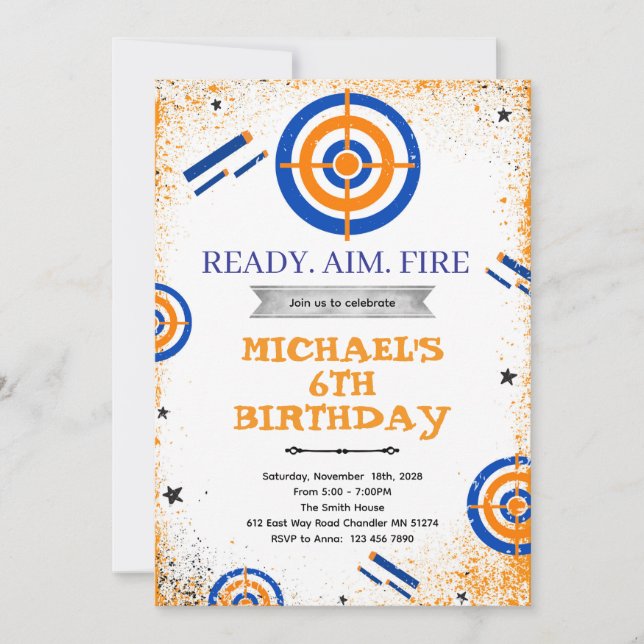 Dart gun birthday party invitation inbjudningar (Framsida)