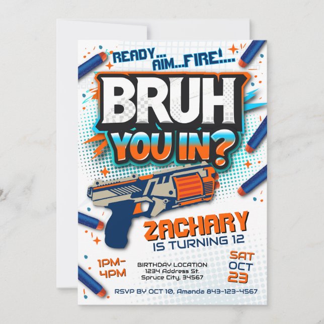 Dart gun födelsedagsinbjudan | Dart gun krig Inbjudningar (Framsida)