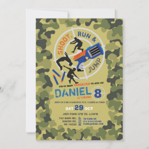 Dart Gun Roligt Aim Shoot Camo Birthday Parkour Inbjudningar