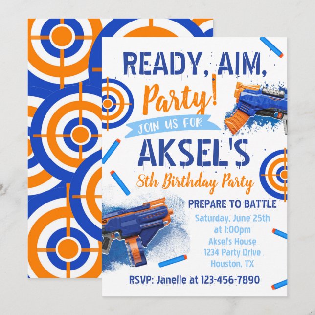 Dart Party Birthday-inbjudan | Dart Gun Inbjudningar (Fram/baksida)