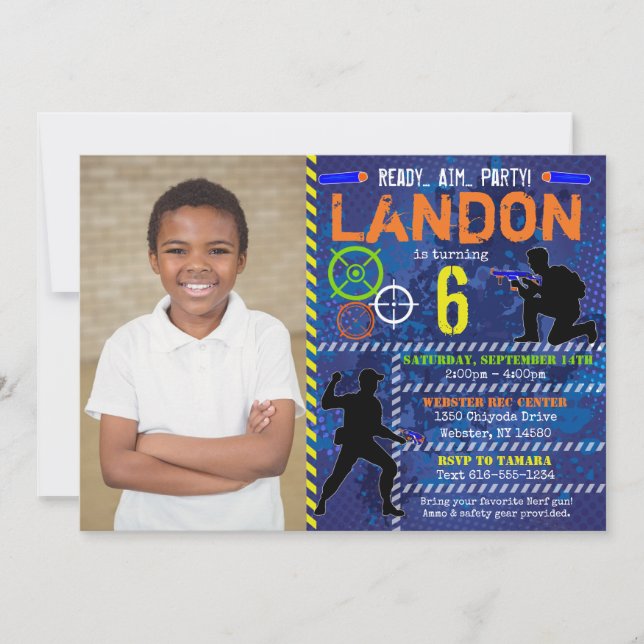 Dart Photo Inbjudan Dart Gun Födelsedagsfest (Framsida)