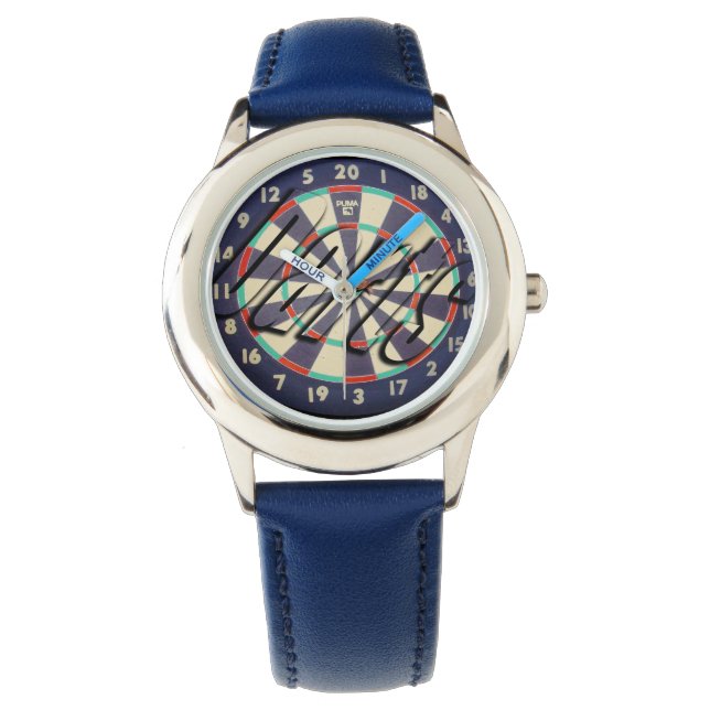 Dartboard Bullseye Logotyp, Kids Blue Leather Watc Armbandsur (Framsida)