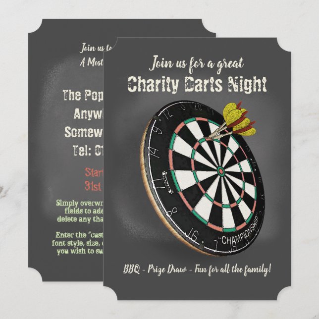 Darts Team Event Dartboard och Chalkboard Inbjudningar (Fram/baksida)