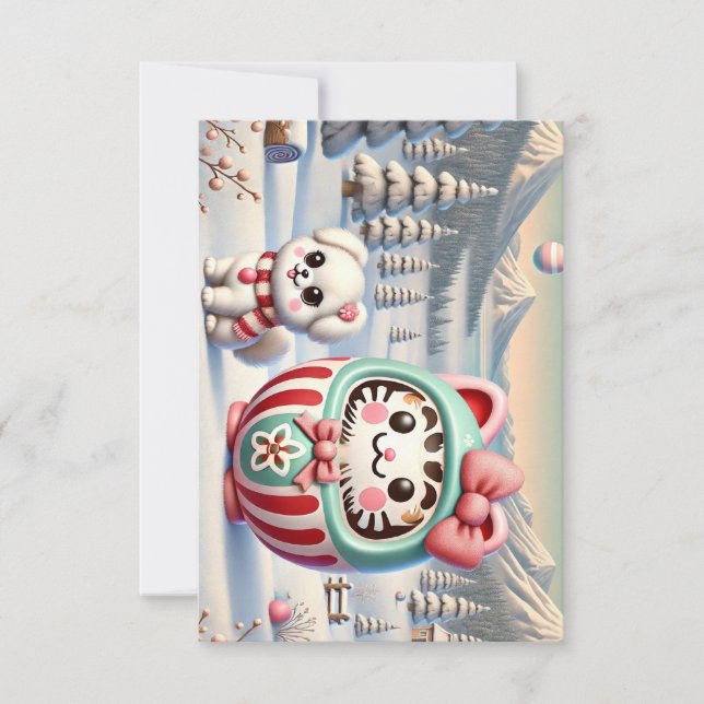 Daruma och Puppy Kärlek på vinter - hälsningskort Tack Kort (Framsida)