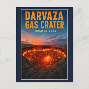 Darvaza Gas Crater Turkmenistan Illustration Retro Vykort
