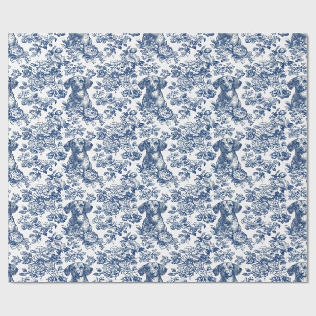 Daschund Hund Blue Toile Mönster Presentpapper (Platt)