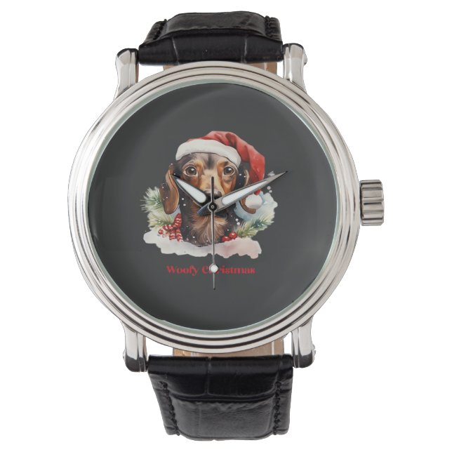 Daschund Hund Jul Santa Hatt Xmas Ljus Woofy  Armbandsur (Framsida)