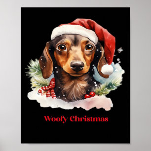 Daschund Hund Jul Santa Hatt Xmas Ljus Woofy Poster