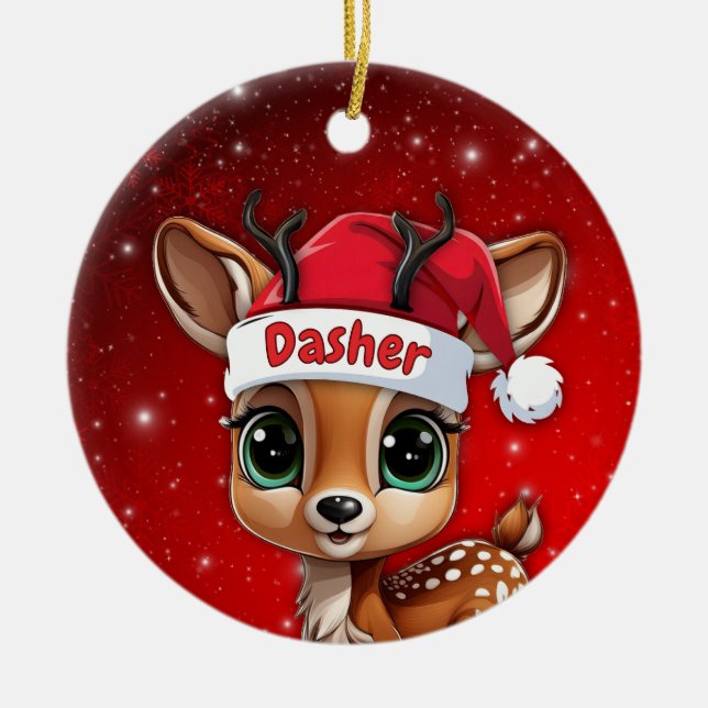 Dasher Baby Deer, Fawn, Doe, Reindeer🦌 🎄 Julgransprydnad Keramik (Framsidan)