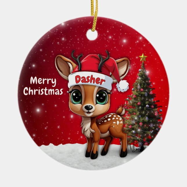 Dasher Baby Deer, Fawn, Doe, Reindeer🦌 🎄 Julgransprydnad Keramik (Framsidan)