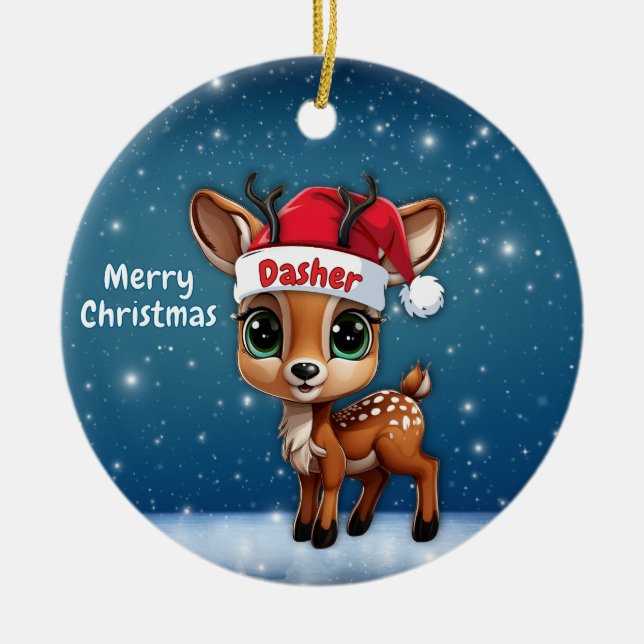 Dasher Baby Deer, Fawn, Doe, Reindeer🦌 🎄 Julgransprydnad Keramik (Framsidan)