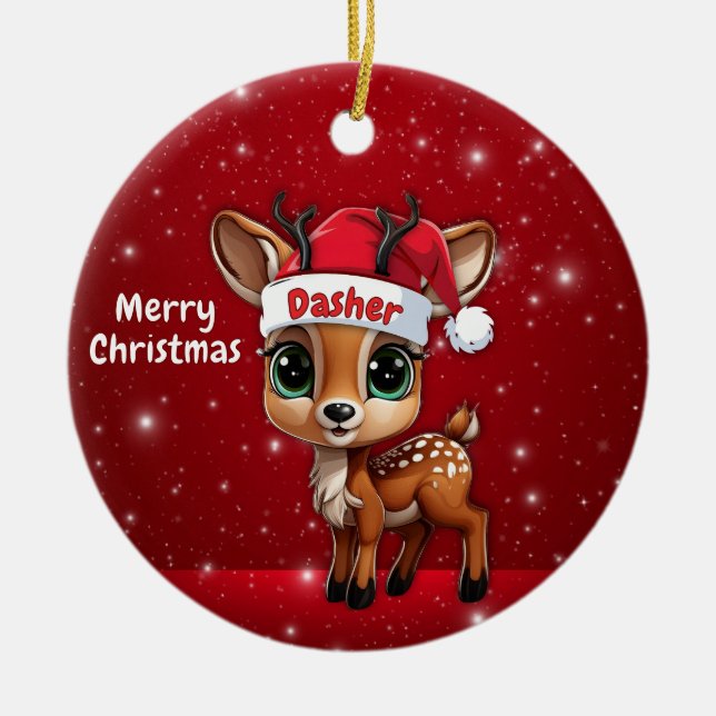 Dasher Baby Deer, Fawn, Doe, Ren🦌 🎄 Julgransprydnad Keramik (Framsidan)