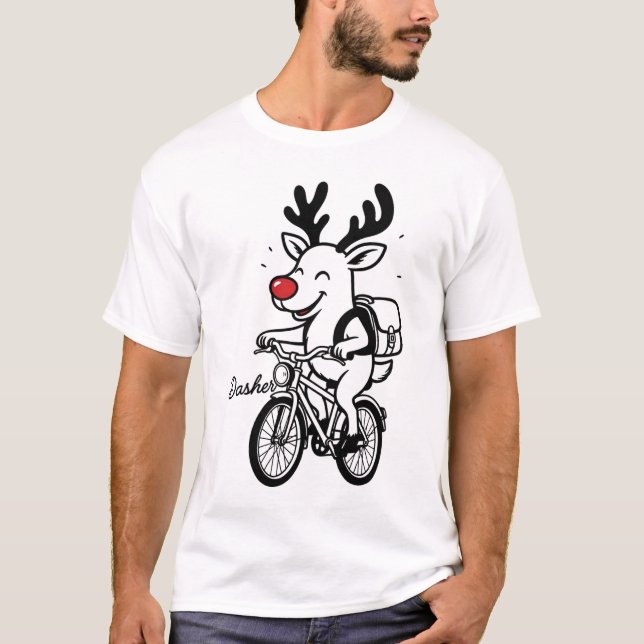 Dasher The Reindeer Riding a Bike T Shirt (Framsida)