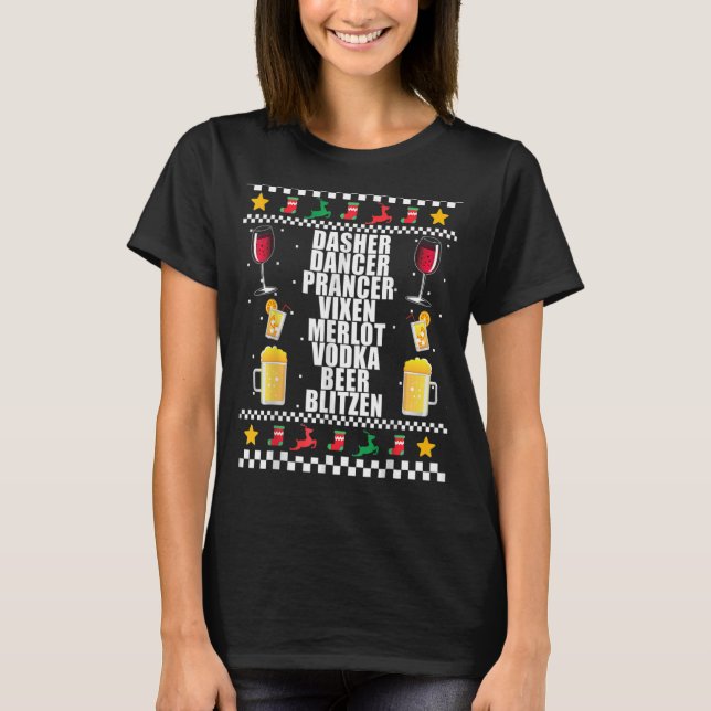 DASHER VODKA BLITZEN Alcohol Reindeer Ugly Christm T Shirt (Framsida)