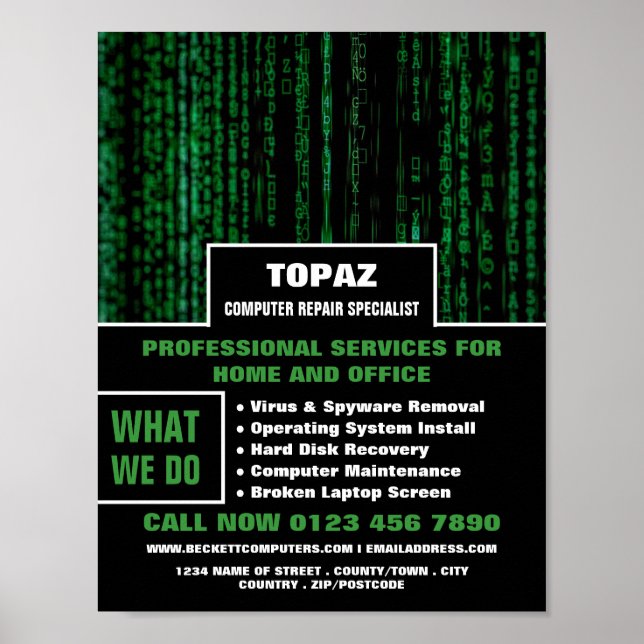 Data Skärm Computer Reparation Specialist Reklam Poster (Framsidan)