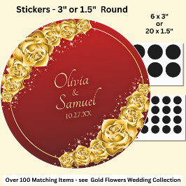 Date + Bride Groom Names, Gold Flowers Maroon Red Runt Klistermärke