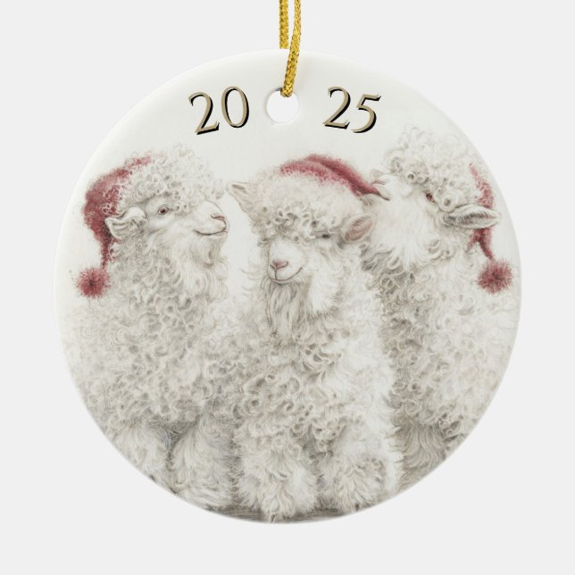 Dated Angora Goat  Trio Santa Hat Christmas Julgransprydnad Keramik (Framsidan)