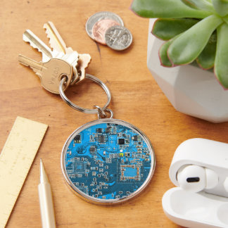 Dator Geek Circuit Board Blue Rund Silverfärgad Nyckelring