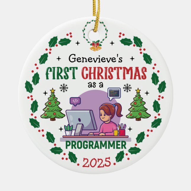 Datorprogrammerare - Anpassat namn för första jul Julgransprydnad Keramik (Framsidan)