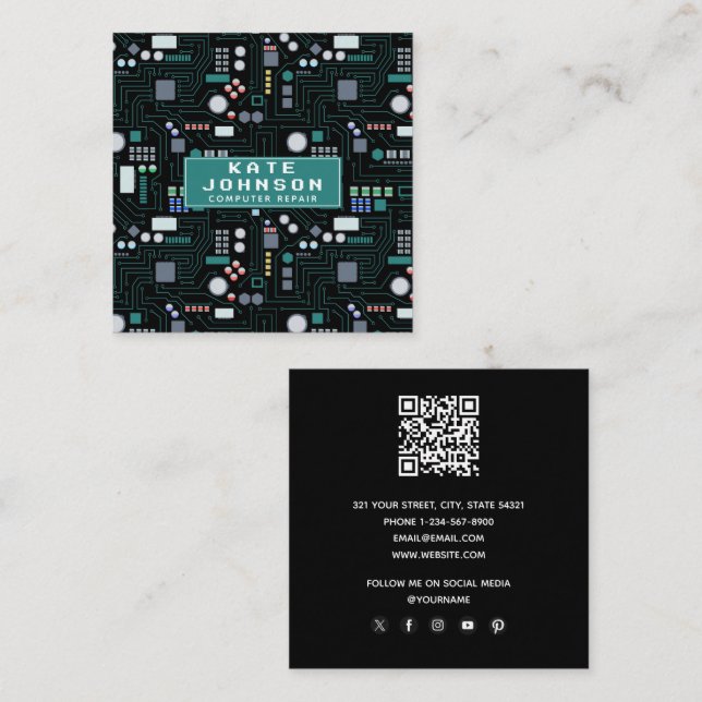 Datorreparationskretskort QR-kod Fyrkantigt Visitkort (Fram/baksida)