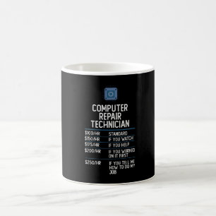 datorreparationstekniker med en rolig presentprese kaffemugg