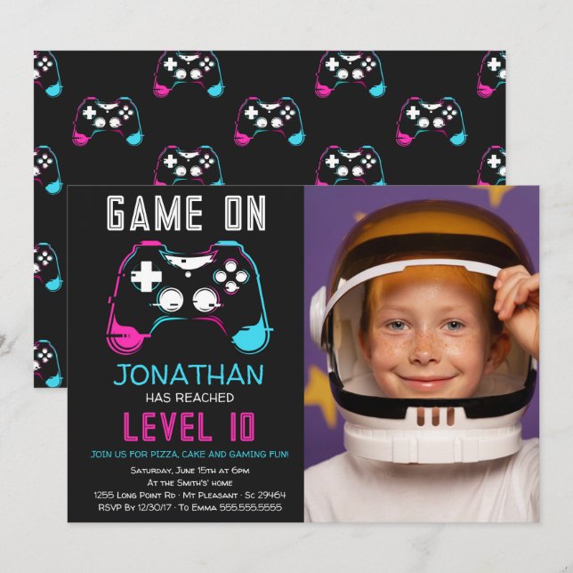 Datorspel Nivå upp Gamer Födelsedagsfoto Inbjudningar (Fram/baksida)