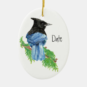 Datum, Anpassningsbar,Stellar Jay, Bird, Nature Julgransprydnad Keramik