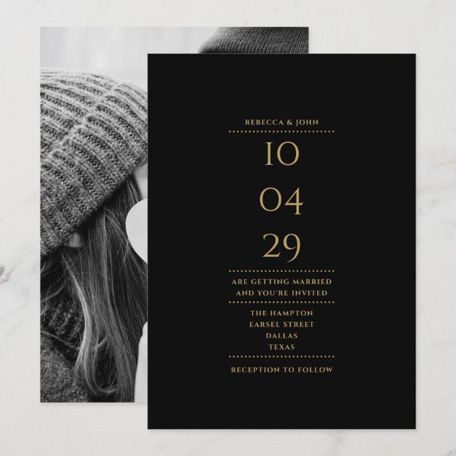 Datum för minimalistiskt svartvitt och Guld-foto-B Inbjudningar (Fram/baksida)